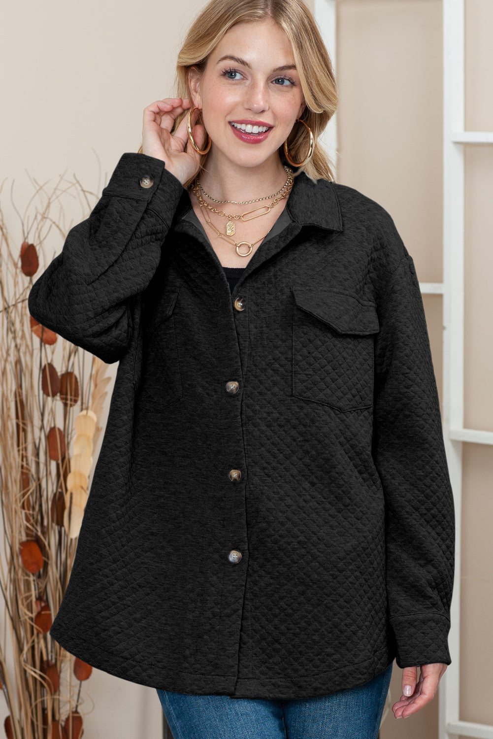 Black Lattice Texture Retro Flap Pocket Button Quilted Shacket Jackets 61d4e0081c723f25