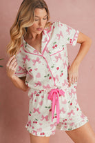 Beige Bow and Cherry Print Ruffle Hem Shorts Pajama Set Two Piece Shorts Sets 61e807c5332915d2