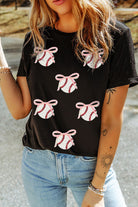 Black Shimmering Bow Ball Patterned Sequins Patch Game Day Casual Tee Graphic Tees 61eaca755a1ff540