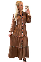 Chestnut Floral Patchwork Notched Neck Long Sleeve Maxi Dress Maxi Dresses 61ec5270cff1c80d