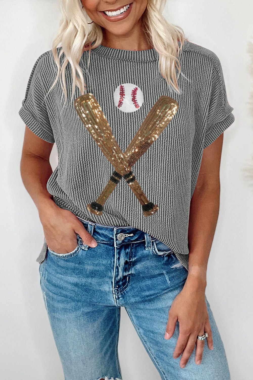 Medium Grey Ribbed Knit Sequin Baseball Graphic T Shirt Graphic Tees 61faa02eccbce645