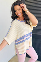 White Striped V Neck Dolman Sleeve Knit Sweater Sweaters 62022e7698a404fd