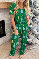 Green Christmas Tree Print V Neck Tee and Pants Pajama Set Loungewear Set 62036b5d2f8ea9b7