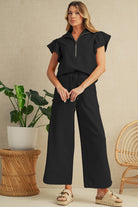 Beau Blue Textured Ruffle Sleeve Zipped Top and Wide Leg Pants Set Two Piece Pants Sets 62249688c231df7d