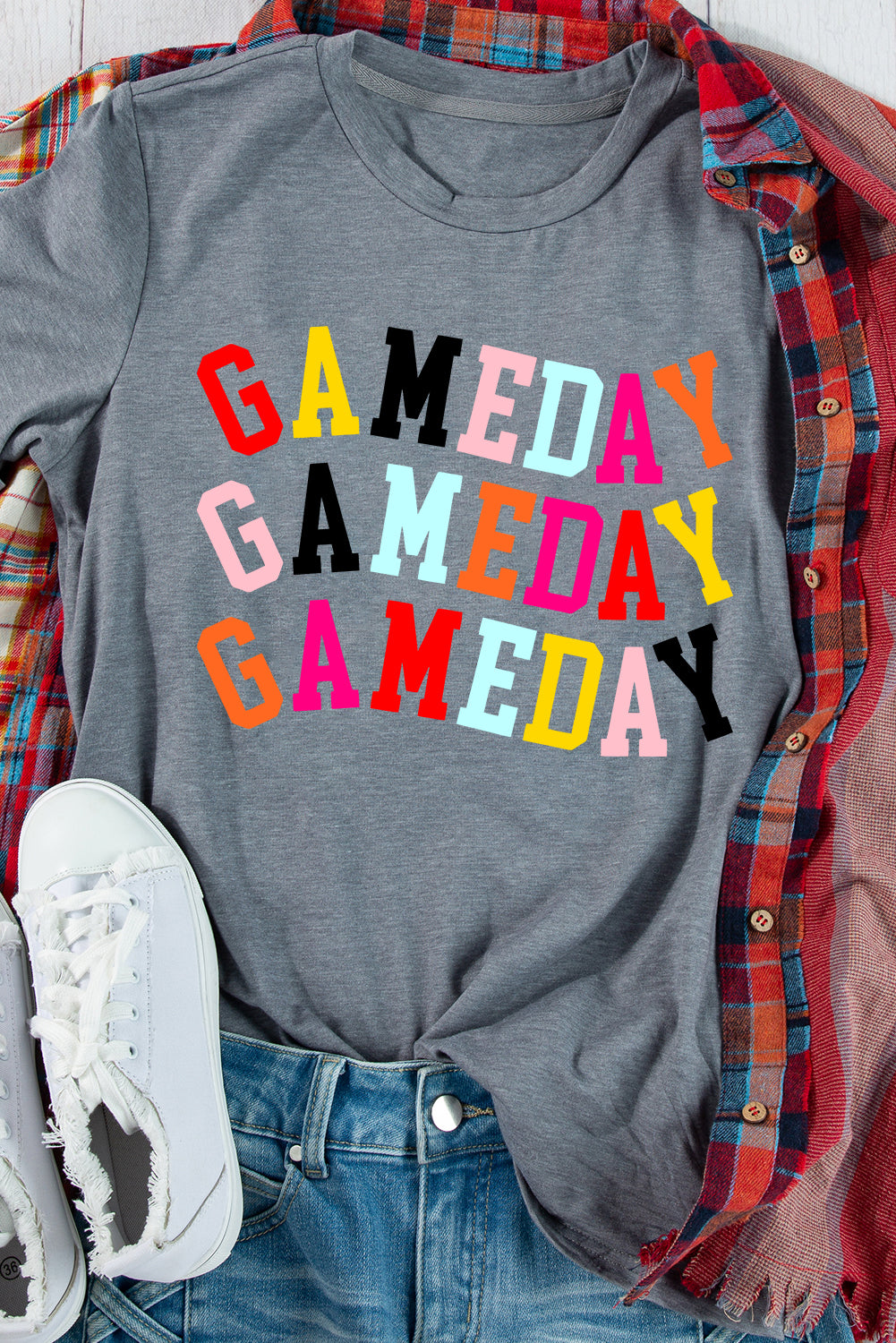 Gray GAMEDAY Letter Heat Transfer Printing Crewneck T Shirt Graphic Tees 6225e7423f313830