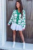 Sea Green Plaid Heart Knit V Neck Button Down Sweater Cardigan Cardigans 6236546f082bd317