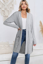 Gray Ribbed Knit Open Front Tunic Cardigan with Pockets Cardigans 624e89c735bc0087