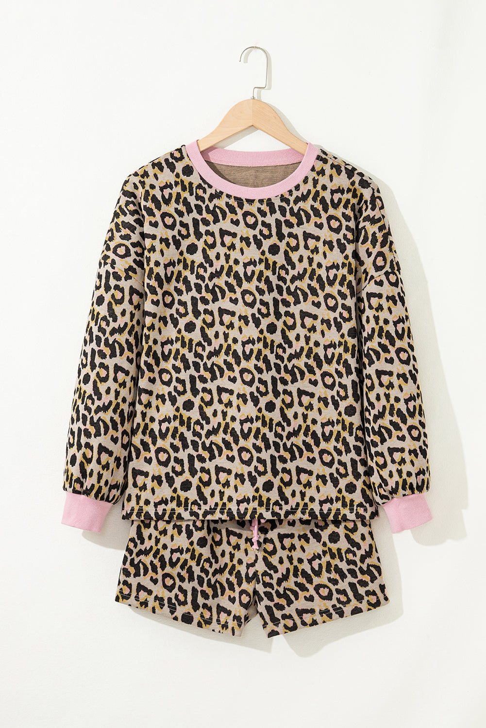 Pink Leopard Print Contrast Edge Long Sleeve Pullover Shorts Set Short Sets 62682e7ec414129c