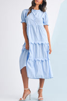 Sky Blue Stripe Bubble Sleeve Scallop Tiered Dress Maxi Dresses 626a34e340215a02