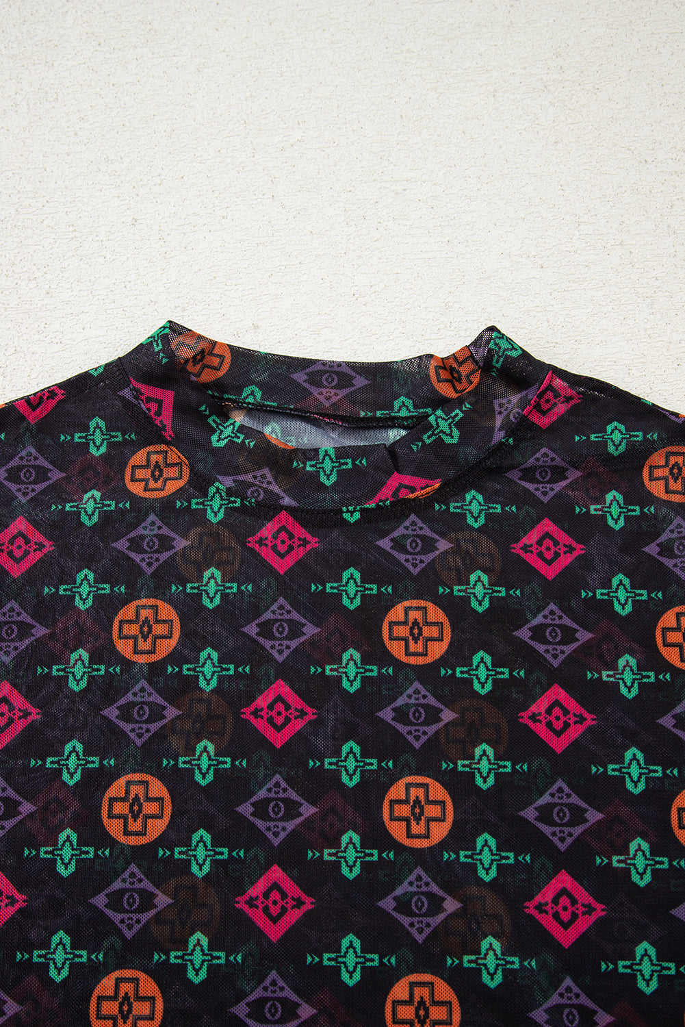 Black Western Aztec Printed Long Sleeve Mesh Top Long Sleeve Tops 626b3e1423fef312