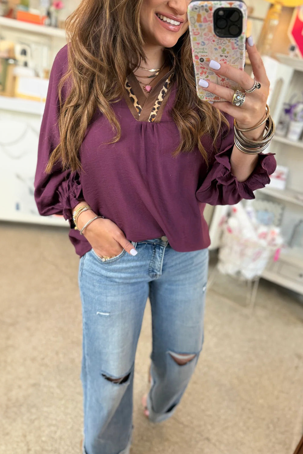 Violet Leopard Trim Notched Neck Bubble Sleeve Blouse Blouses 626fb2380e150c9b
