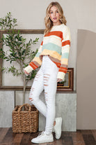 White Striped Color Block Drop Shoulder Knit Sweater Sweaters 6279e50a0d7b476a