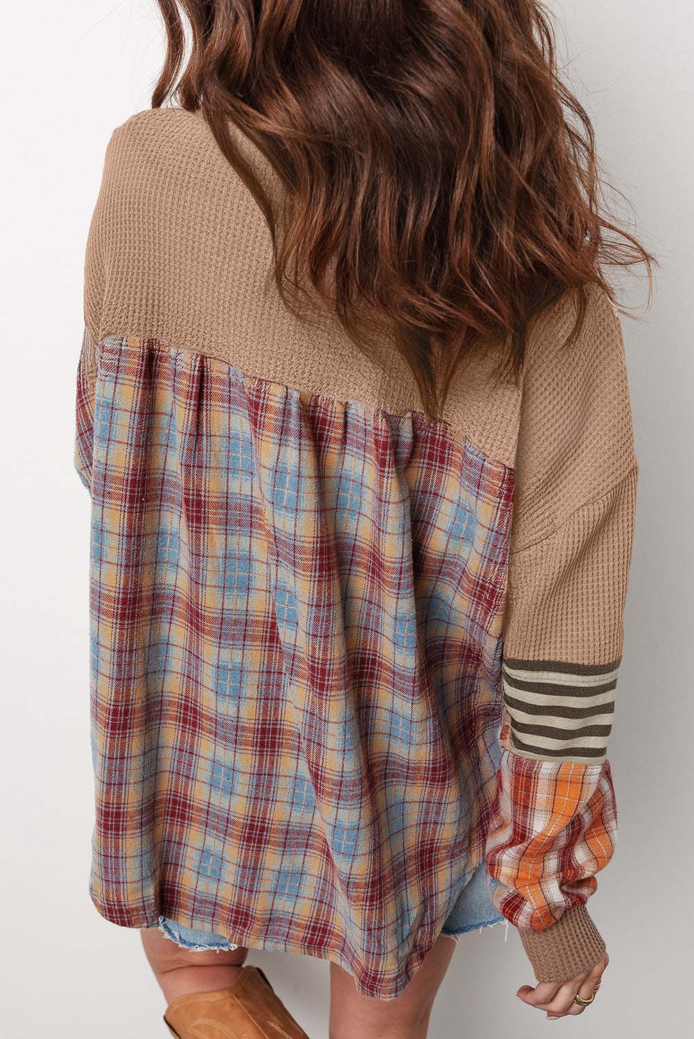 Beige Waffle Stripe Plaid Patchwork Henley Top Long Sleeve Tops 6286bbeb5ad6beda