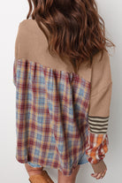 Beige Waffle Stripe Plaid Patchwork Henley Top Long Sleeve Tops 6286bbeb5ad6beda