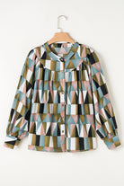 Green Geometric Print Button Balloon Sleeve Loose Fit Shirt Blouses 62929b6d8e68df49