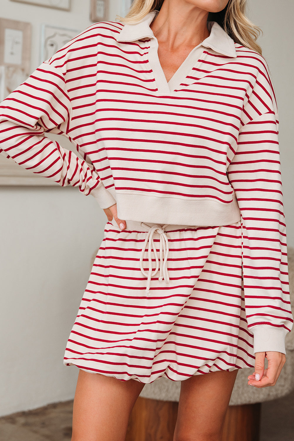 Red Stripe Cropped Collared Drop Shoulder Pullover and Bubble Mini Skirt Set Two Piece Skirt Sets 62d9eb9cc1c7883b