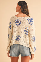 Beige Flower Print Drop Shoulder Hollow Knit Sweater Knit Tops 62efa65341ff9813