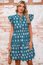 Blue Retro Floral Print Split Neck Ruffle Short Sleeve Dress Short Dresses 634096ab5d0242f2