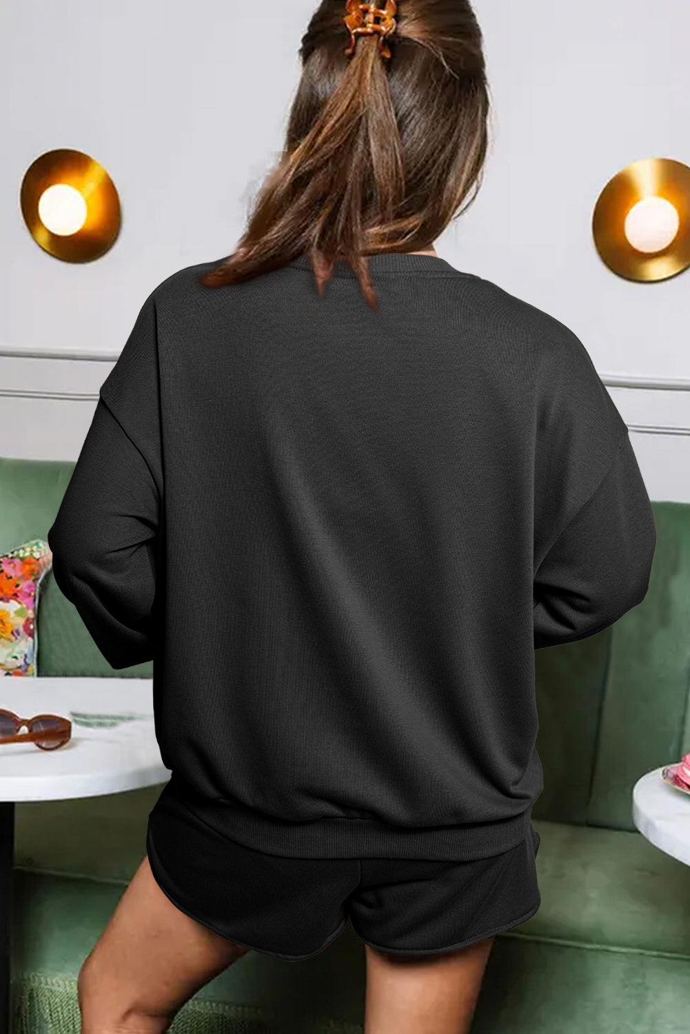 Straw Yellow Sequins COFFEE Loose Fit Sweatshirt and Shorts Set Two Piece Shorts Sets 6353f50a613777da