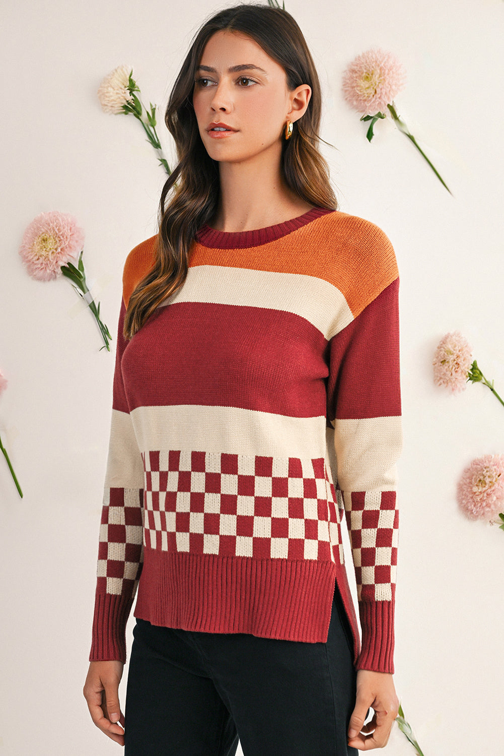 Brown Checkered Colorblock Knitted Drop Shoulder Sweater Sweaters 638ad47dfff3f33c