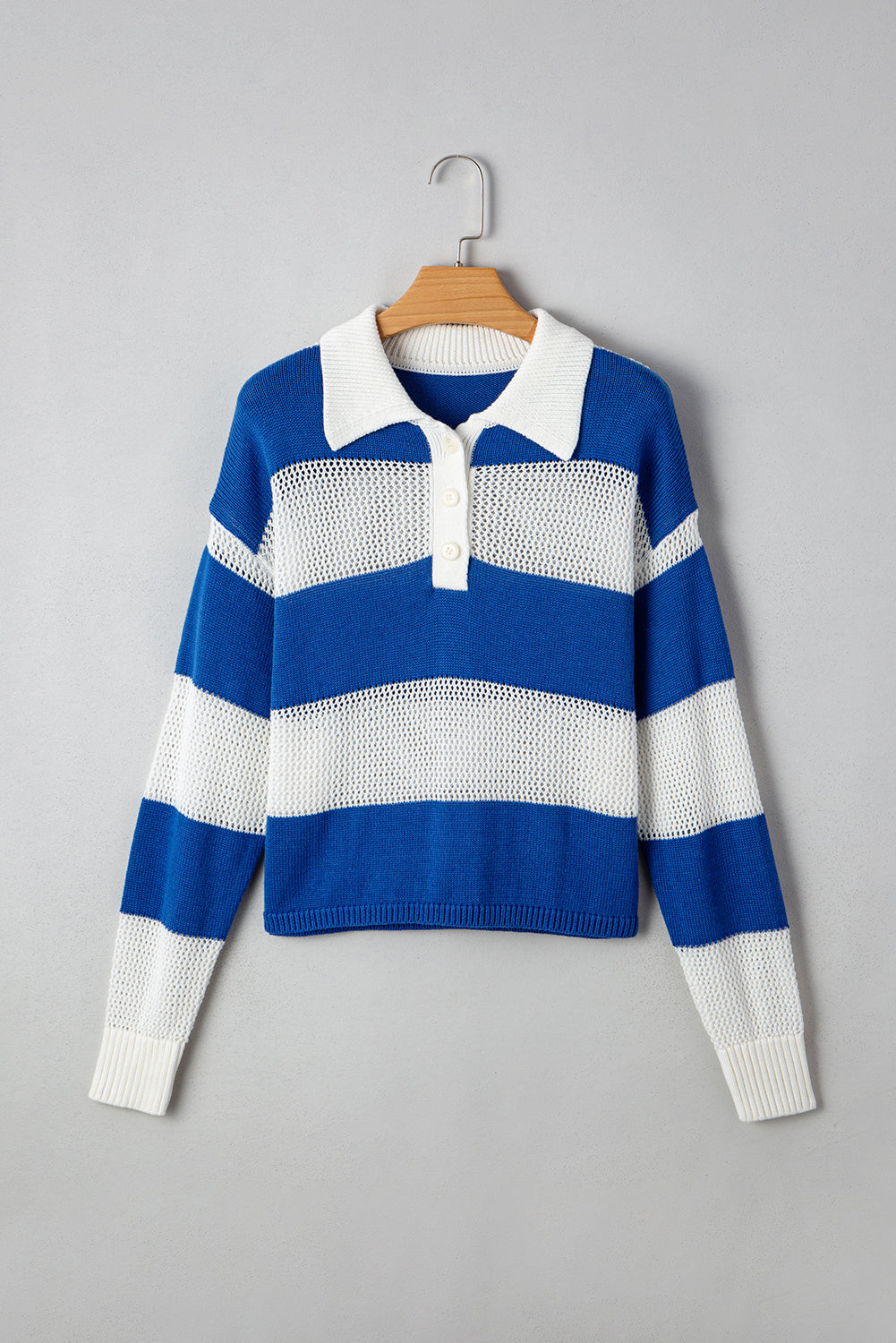 Blue Stripe Colorblock Polo Collar Eyelet Crochet Knit Sweater Sweaters 6393791ef3ffdf99