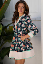 Blue Floral Print Striped Trim V Neck Long Sleeve Ruffle Hem Shift Mini Dress Floral Dresses 63cbeff3343d071f