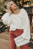 White Hollowed Detail Wide Sleeve Loose Pullover Sweater Sweaters 63d4461bb3cb8615