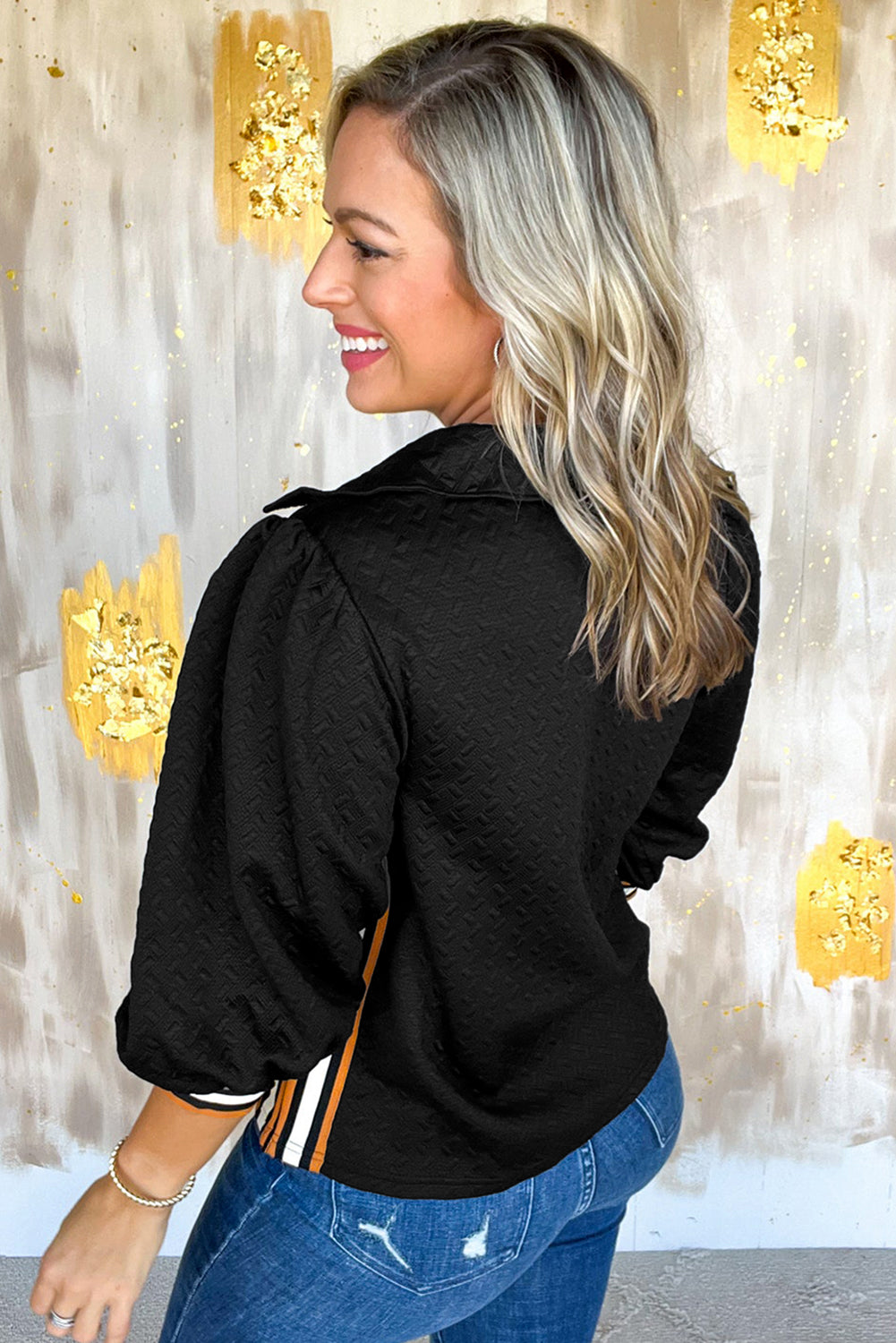 Black Textured V Neck Colorblock Cuffs Sweatshirt Sweatshirts & Hoodies 63e421477575b941