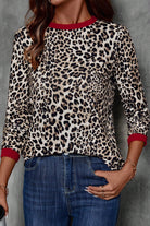 Brown Leopard Print Contrast Trim Round Neck Long Sleeve Top Long Sleeve Tops 63f3440cf9704248