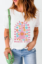 White Floral Guitar NASHVILLE Slogan Graphic T Shirt Graphic Tees 643188fc7e3493c1