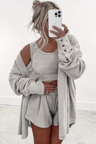 Gray Shirred Hem Crop Tank Top Loose Shorts Cardigan 3 Piece Pajama Set Loungewear Set 6451f0461f916da6