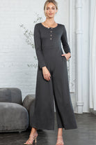 Dark Grey Henley Long Sleeve Wide Leg Jumpsuit with Pockets Jumpsuits 6468a1f28bedf8f1