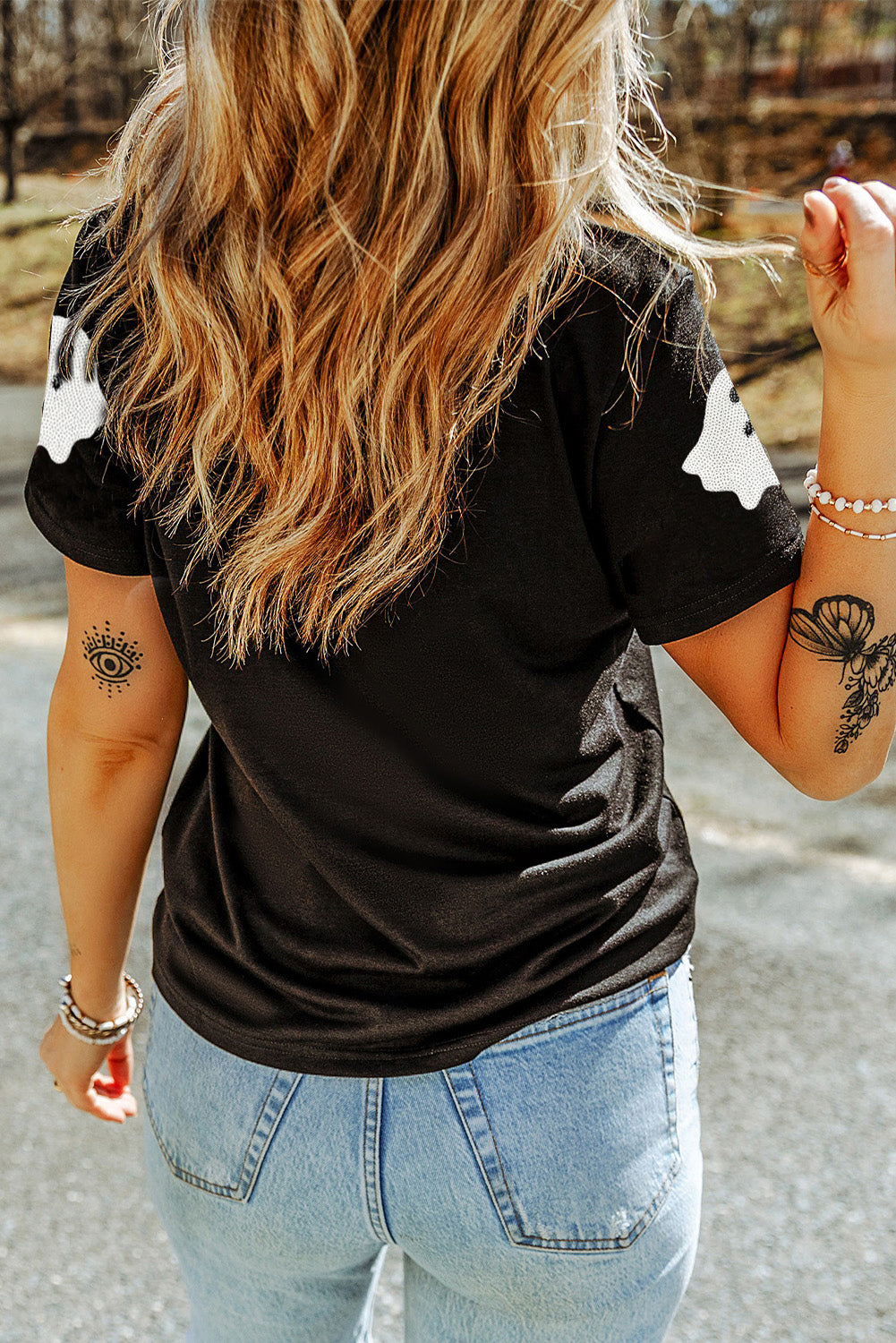 Sachet Pink Halloween Ghost Sequins Patch Casual T Shirt Graphic Tees 6472173b031e65ae