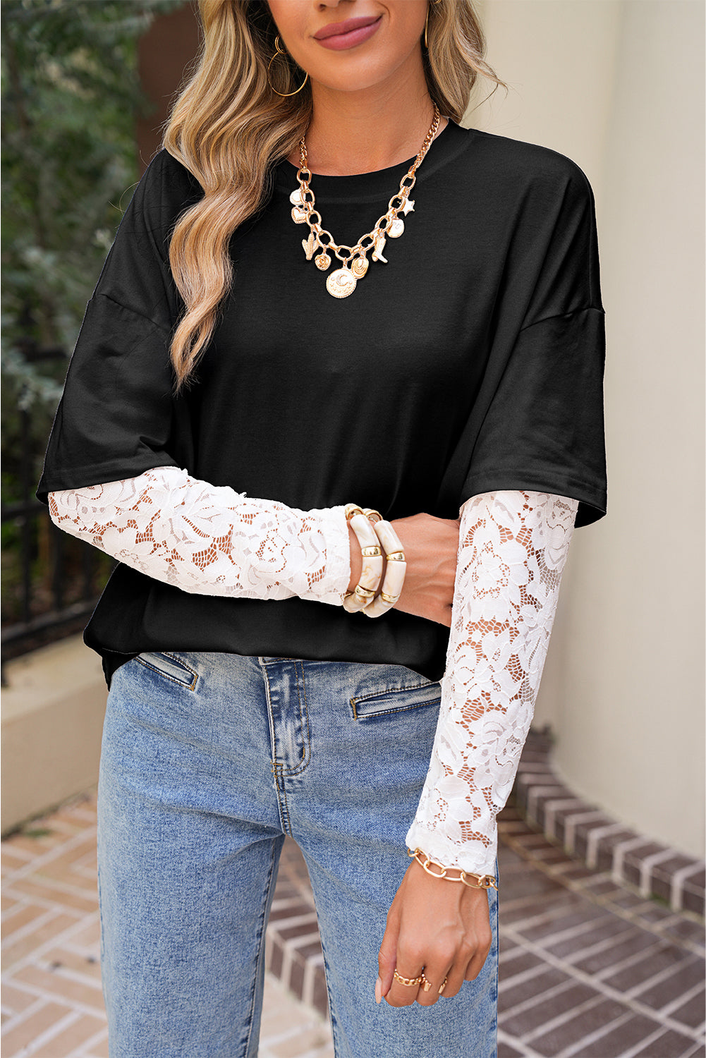 White Fake Two-Piece Lace Long Sleeve Drop Shoulder Tee T Shirts 64bdc326727954c8