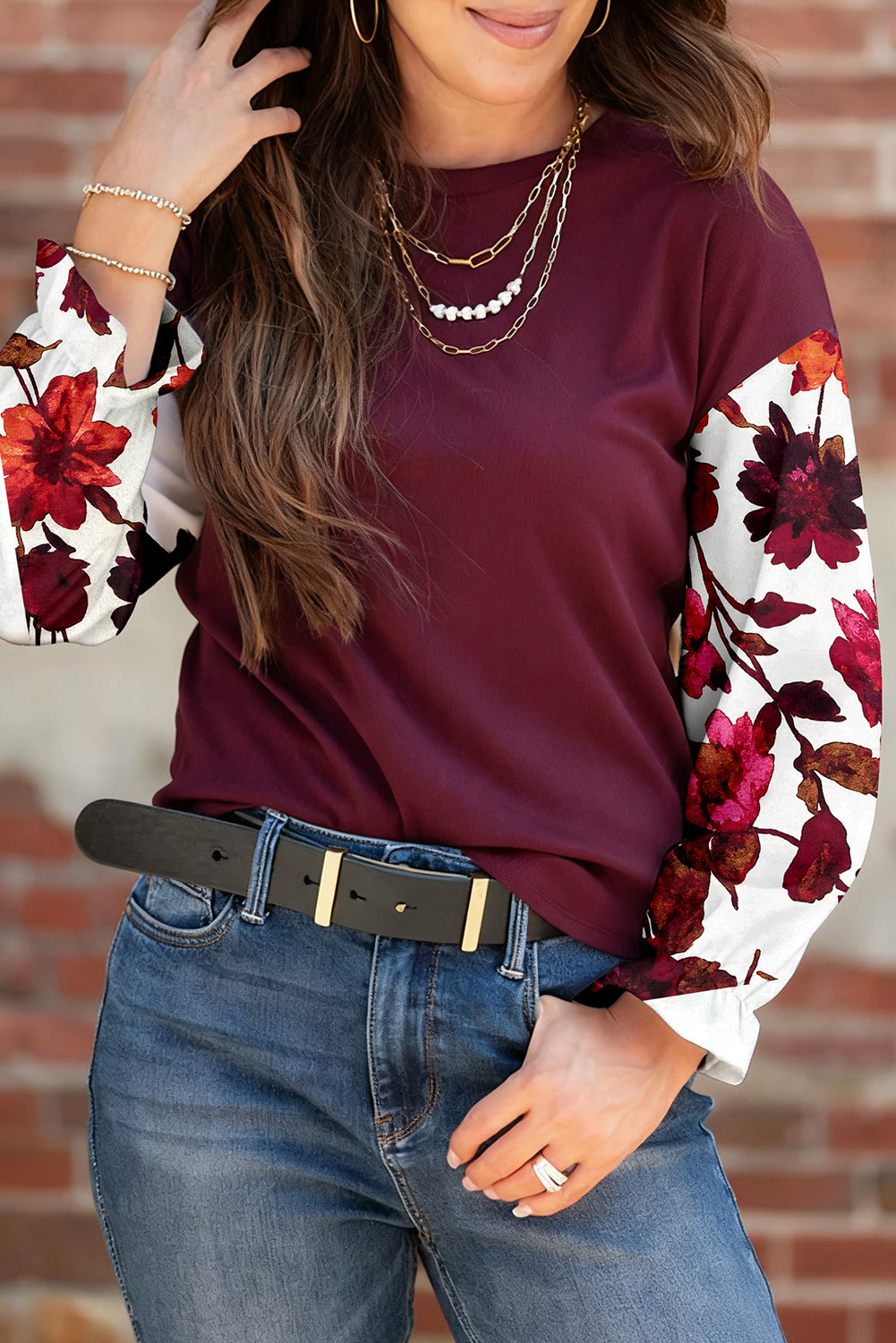 Wild Ginger Classic Floral Sleeve Patchwork Round Neck Blouse Blouses 64c136bc300f8008