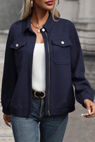 Navy Blue Solid Color Zip Up Button Flap Pocket Shirt Collar Jackets Jackets 64e227505efb4e01