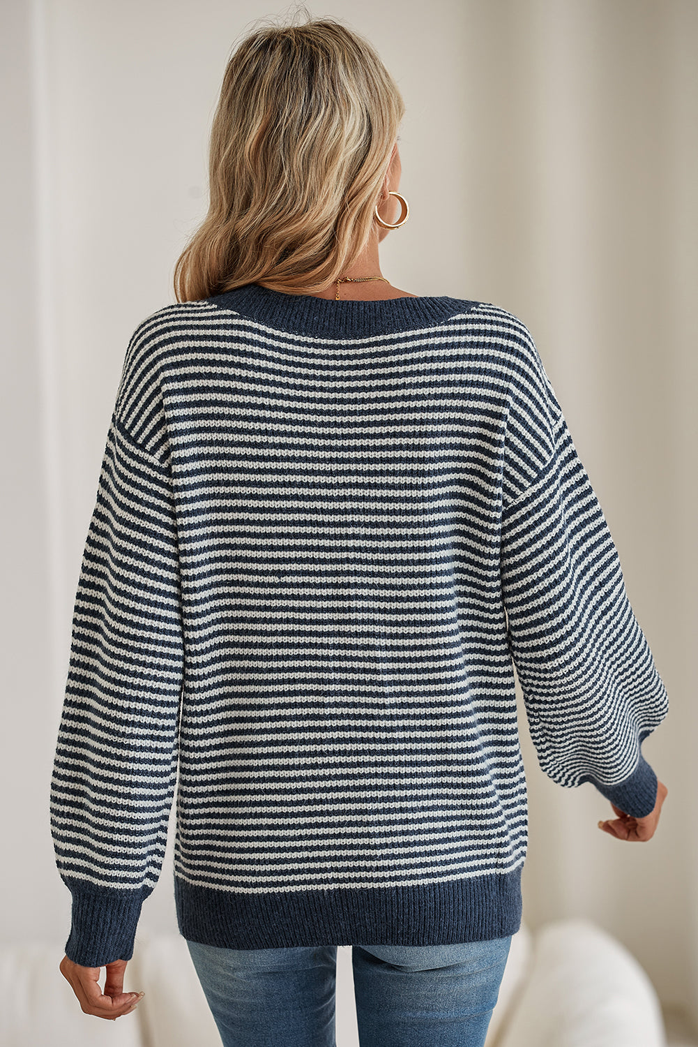 Sail Blue Striped Drop Shoulder Lantern Sleeve Sweater Sweaters 6517045e7db901a4