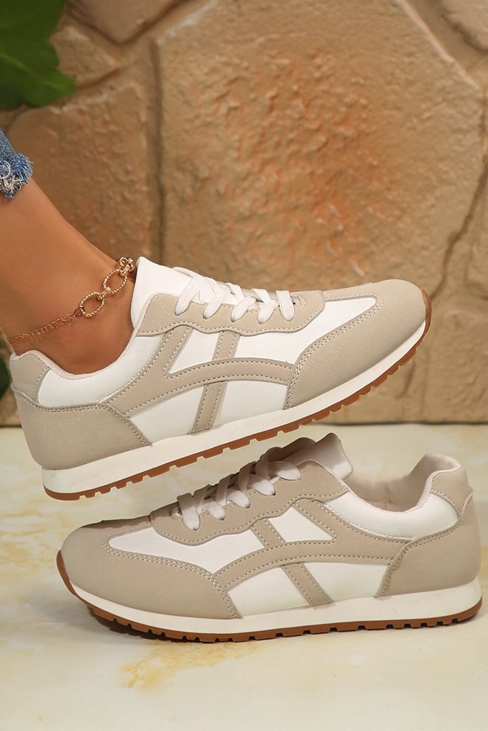 Oatmeal Contrast Lace Up Round Toe Sneakers Sneakers 652c6abc6a55c021