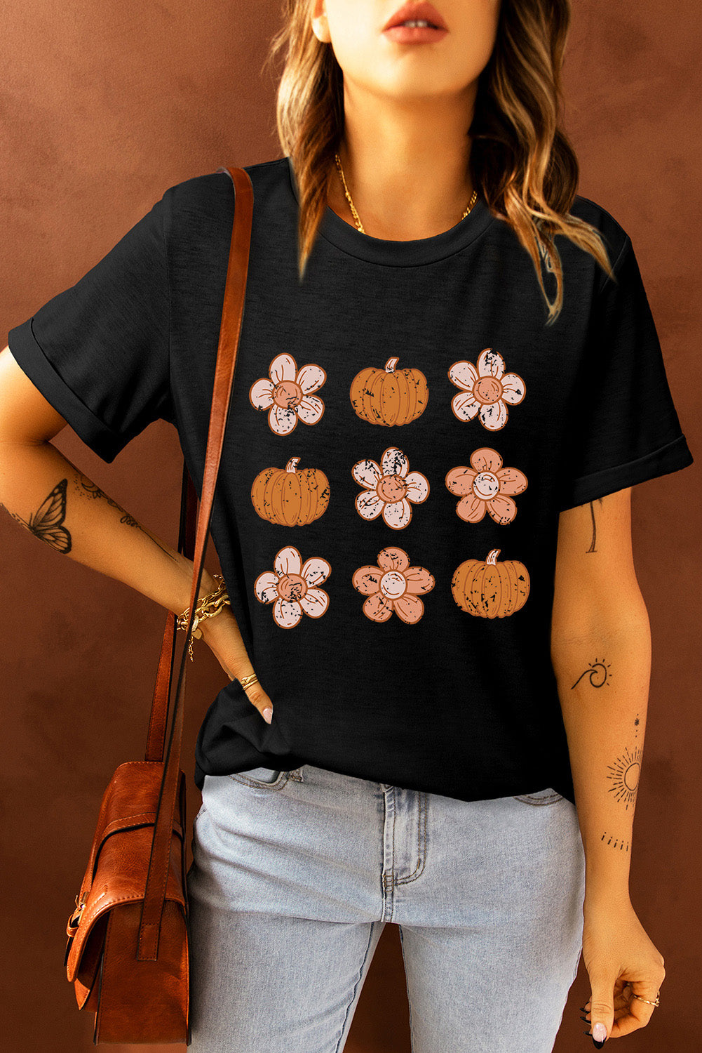 Black Pumpkin Flower Print Short Sleeve Graphic T Shirt Graphic Tees 652cc23184749223