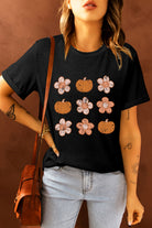 Black Pumpkin Flower Print Short Sleeve Graphic T Shirt Graphic Tees 652cc23184749223
