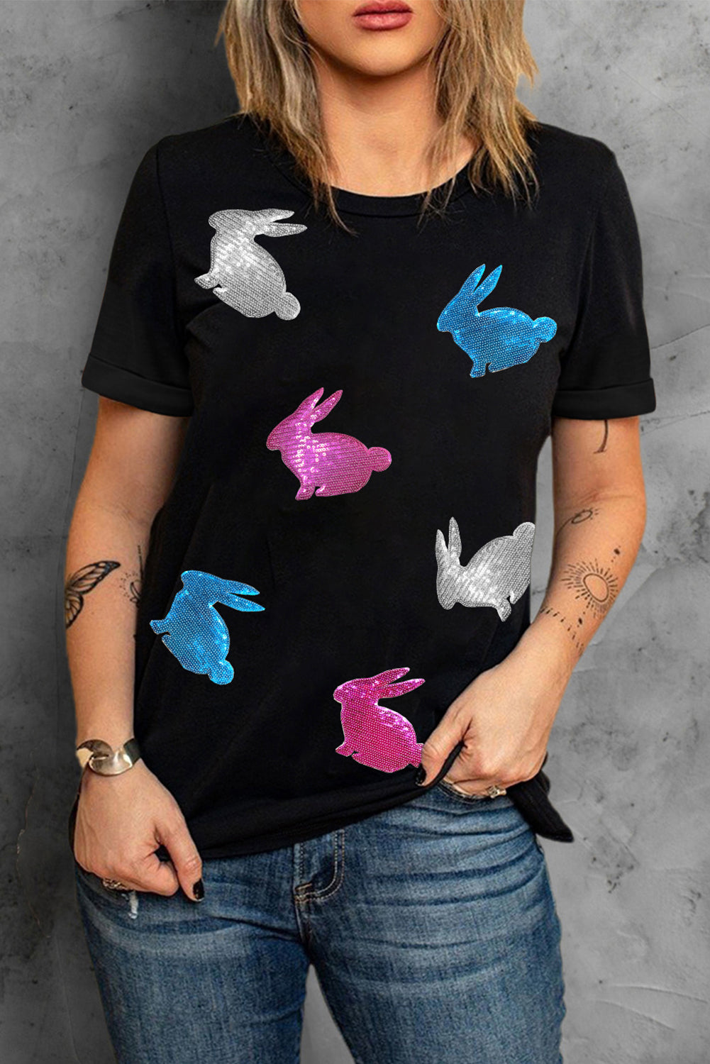 Black Sequin Easter Bunny Graphic Round Neck T Shirt Graphic Tees 6560c0522c387e90
