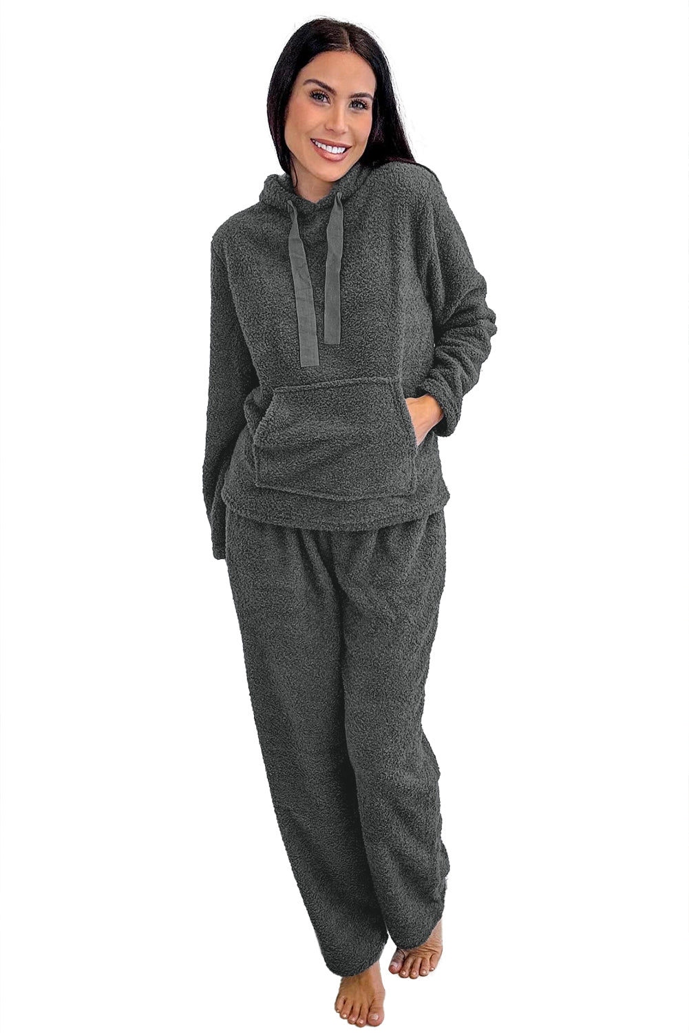 Medium Grey Fuzzy Drawstring Hoodie Lounge Pants 2pcs Set Two Piece Pants Sets 65756789c3711a83