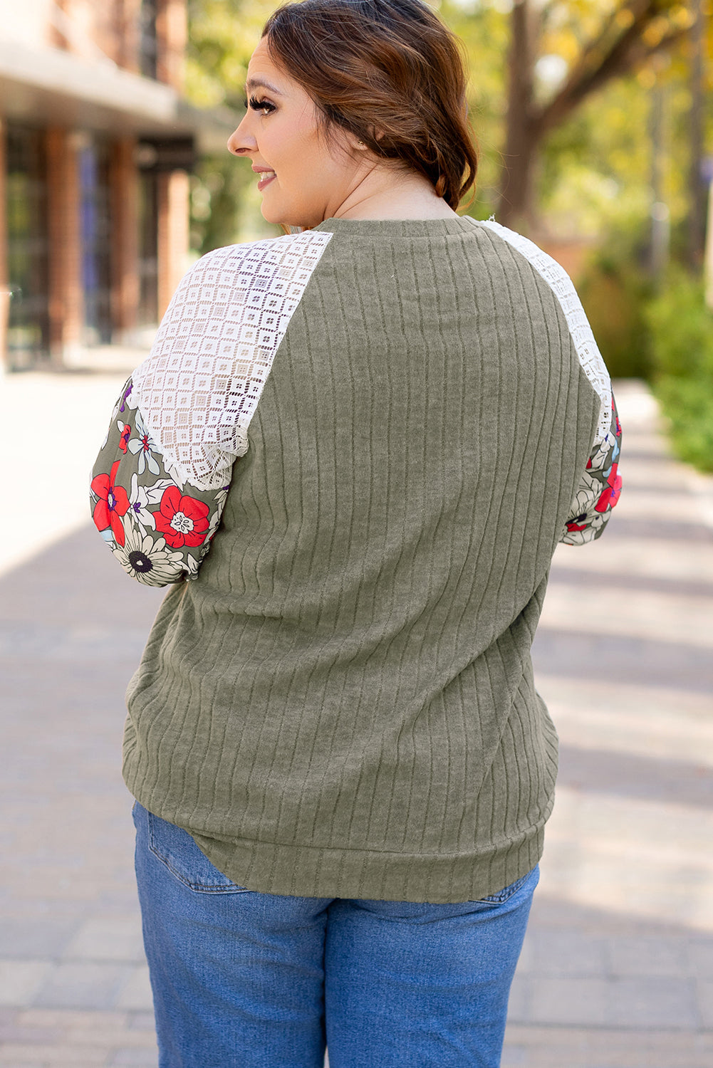 Vineyard Green Plus Size Textured Floral Patchwork Raglan Sleeve Top Plus Size Tops 658d7893baa03b13