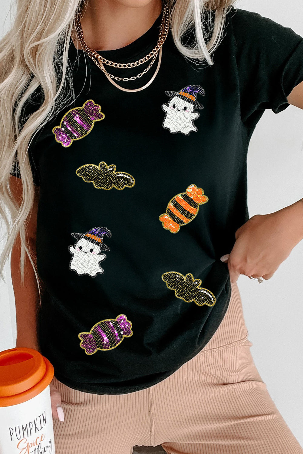 White Sequined Halloween Spirit Pattern Patched Custom Casual Tee Graphic Tees 659022f0ec194adc