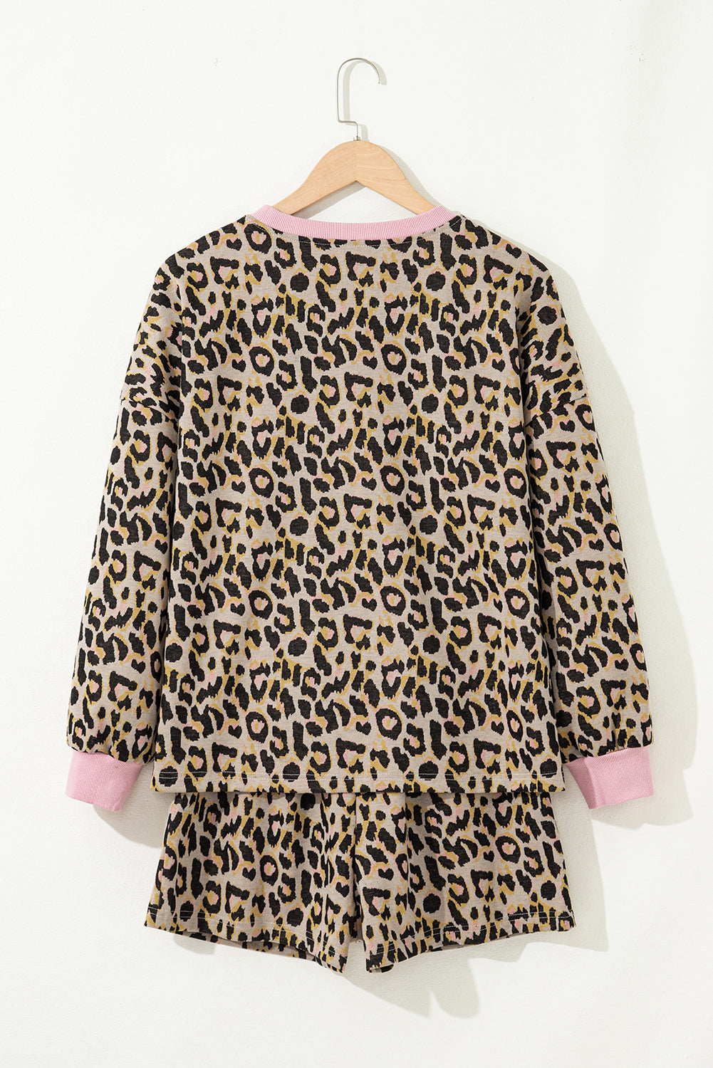 Pink Leopard Print Contrast Edge Long Sleeve Pullover Shorts Set Short Sets 65a99825e83e1c8a