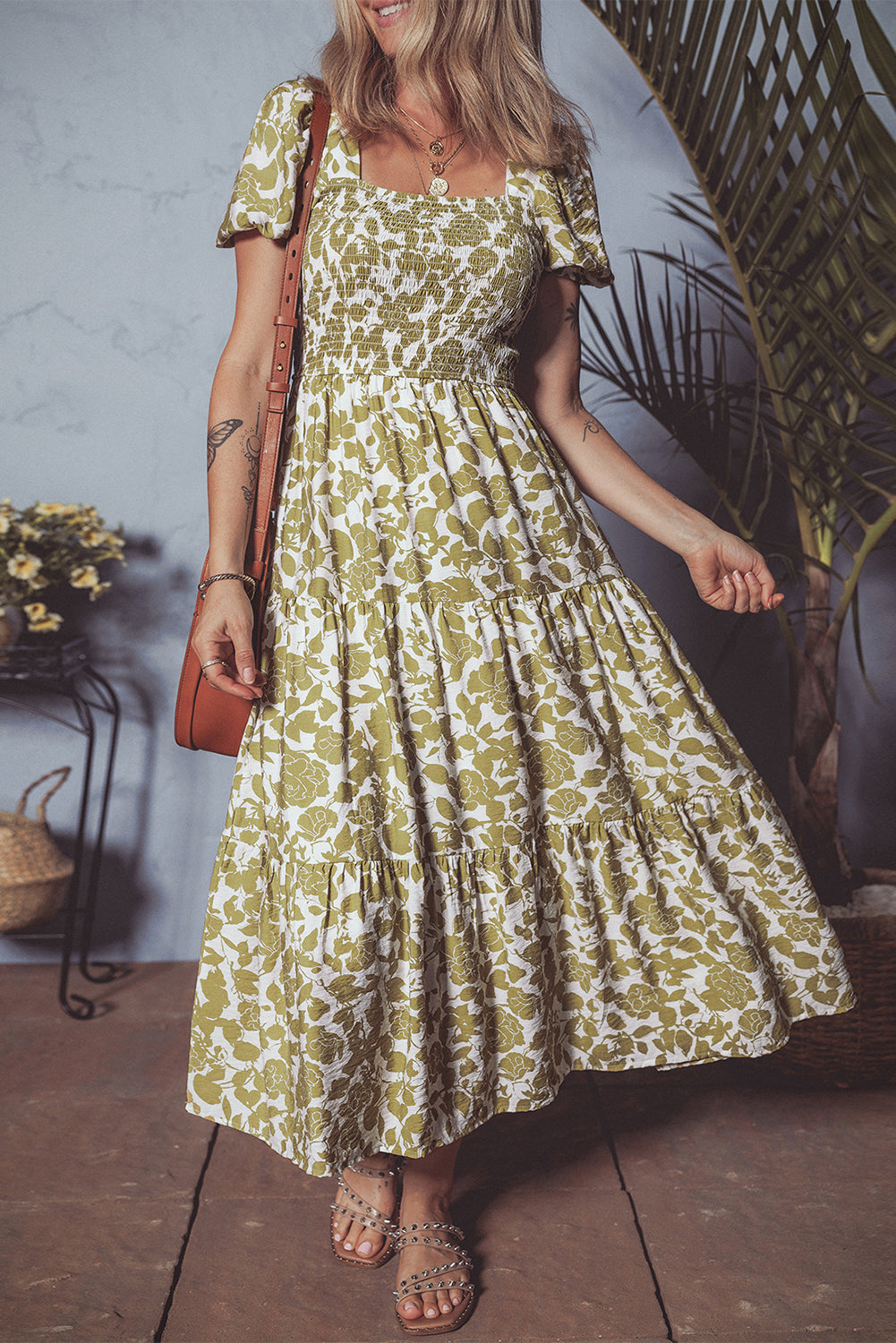 Yellow Boho Floral Print Square Neck Puff Sleeve Tiered Maxi Dress Maxi Dresses 65c8753ec21bd9b1