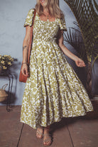 Yellow Boho Floral Print Square Neck Puff Sleeve Tiered Maxi Dress Maxi Dresses 65c8753ec21bd9b1
