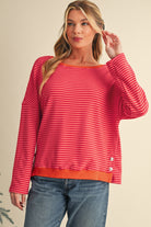 Tomato Red Two Tone Striped Side Buttons Drop Shoulder Top Long Sleeve Tops 65e787c49168fa8f
