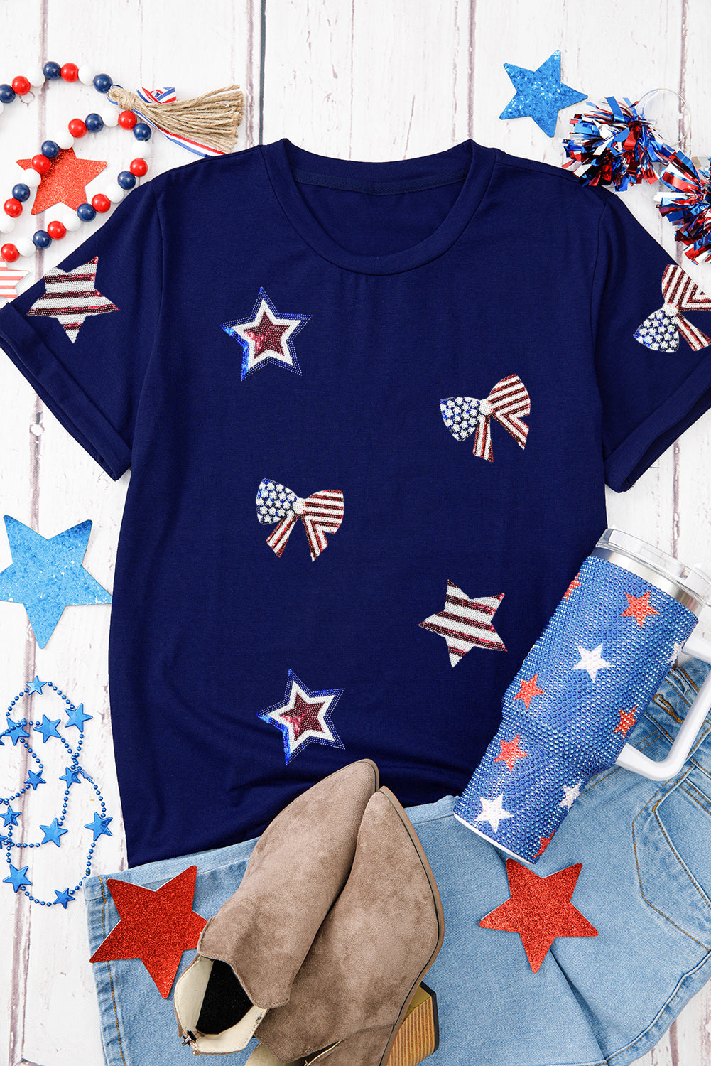Blue USA Flag Bow Star Sequins Patch Graphic Crewneck T Shirt Graphic Tees 65f111d925112f2c