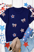 Blue USA Flag Bow Star Sequins Patch Graphic Crewneck T Shirt Graphic Tees 65f111d925112f2c